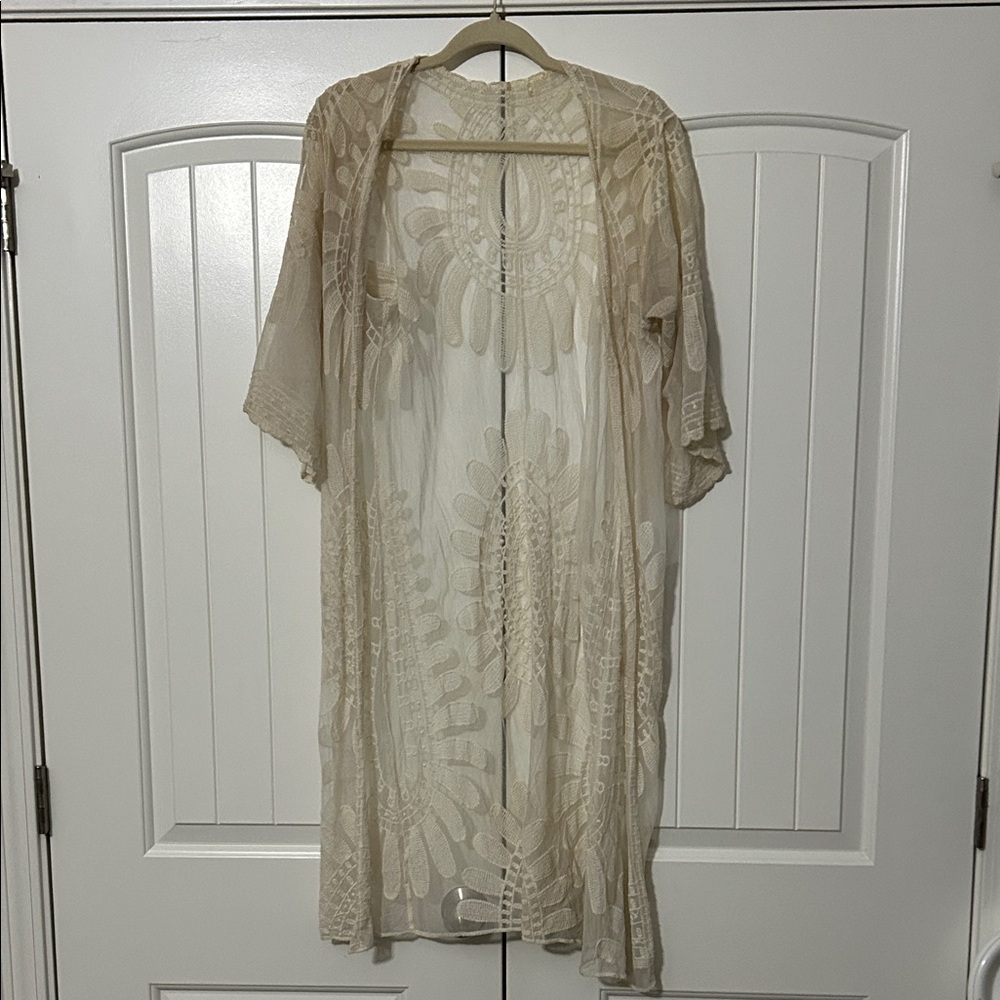 Cream Sheer Embroidered Kimono